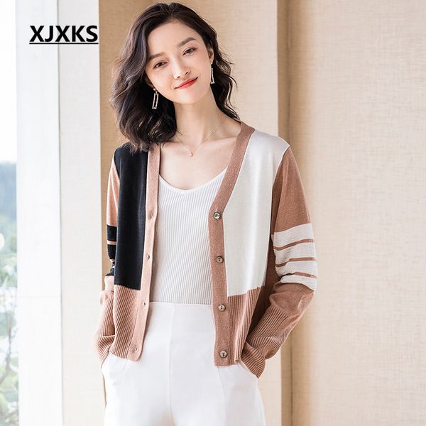 

women's knits & tees xjxks fashion v-neck stitching women cardigan spring 2021 comfortable wool knitted sweater, White