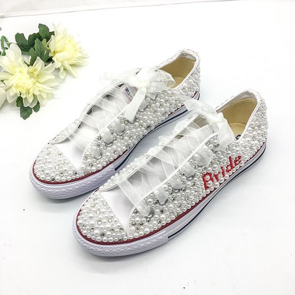 Cristais artesanais pérolas sapatos de casamento sneakers nupcial sapatos lisos casuais plimsoll sneaker sneaker tênis tamanho 34-44 letras personalizadas