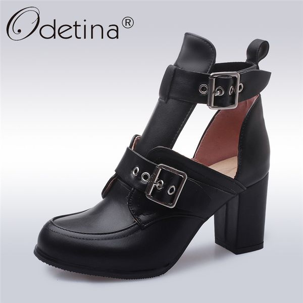 

odetina new women motorcycle boots buckle strap cut out ankle boots hollow out square block high heel summer big size 43, Black