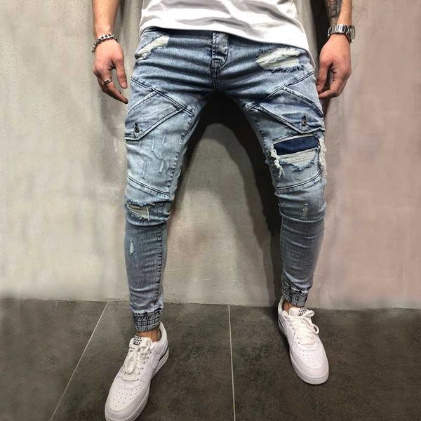 

new fashion men ripped skinny biker jeans destroyed hole slim fit denim hip hop jeans, Blue