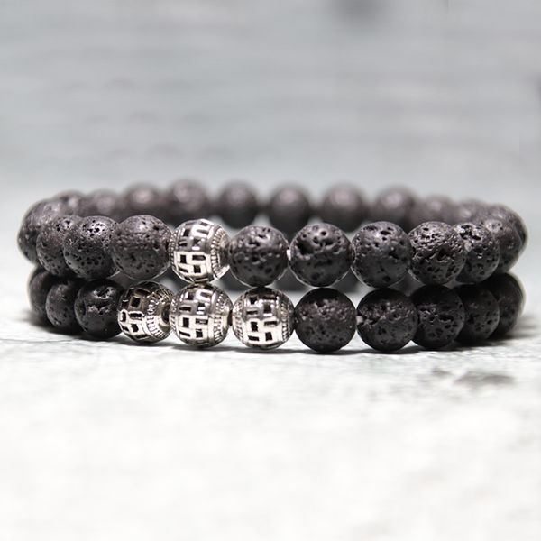 

2 pcs/set handmade natural stone beads lava bracelet antique silver color beads buddha braclet for men wristband jewelry homme, Black