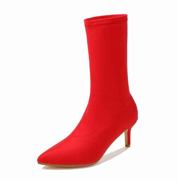 

sock boots black flock stretch high heeled shoes for women fashion autumn winter ankle pointed toes booties female