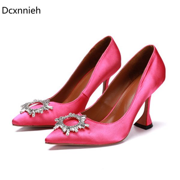

dcxnnieh spring women pumps shoes satin crystal buckle party shoe pointed toe shallow mouth blue rose red slip on sapato, Black