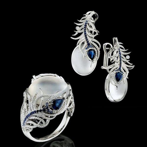 

luxury unique silver rhinestone peacock feather shape opal ring for women exaggerated cocktail party wedding engagement rings, Golden;silver