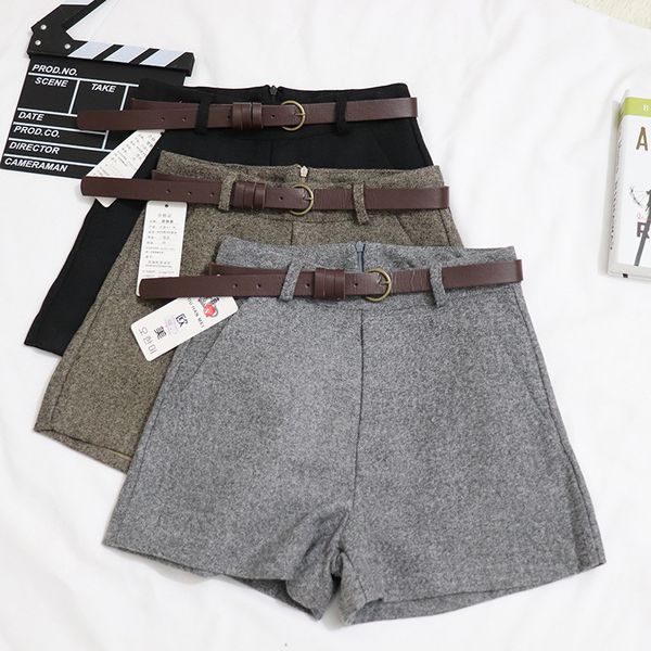 

autumn winter formal women shorts korean high waist thick with sashes wide leg female shorts gray black green casual bottom, White;black