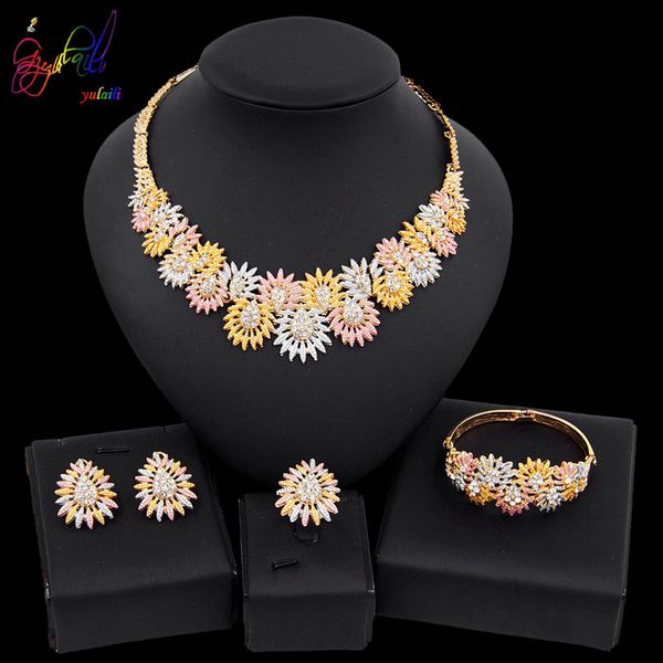 

earrings & necklace yulaili trendy tricolor charm stud bracelet ring for women wedding nigerian bridal jewelry sets, Silver