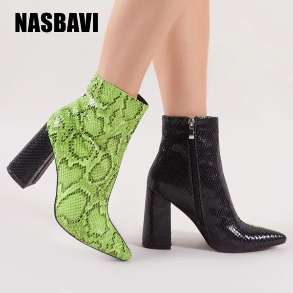 

plus size 33-43 women zipper boots snake print ankle boots square heel fashion pointed toe ladies shoes new, Black