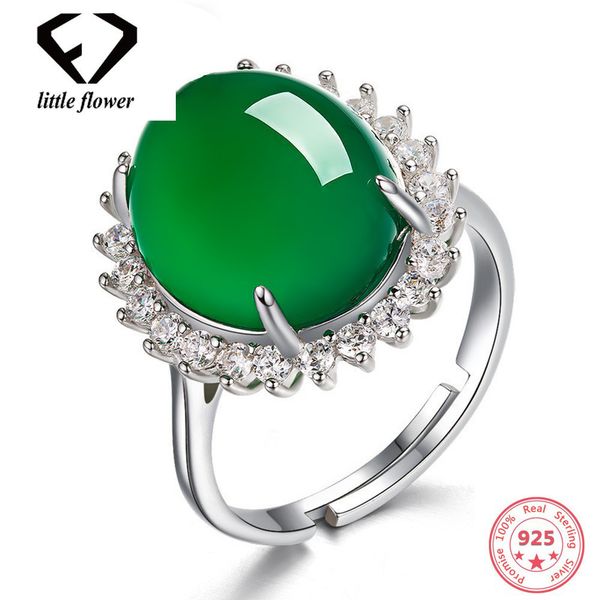 

silver s925 emerald jade rings green chalcedony gemstone jewelry turquoise oval agate for women jade anillos de bizuteria rings, Slivery;golden