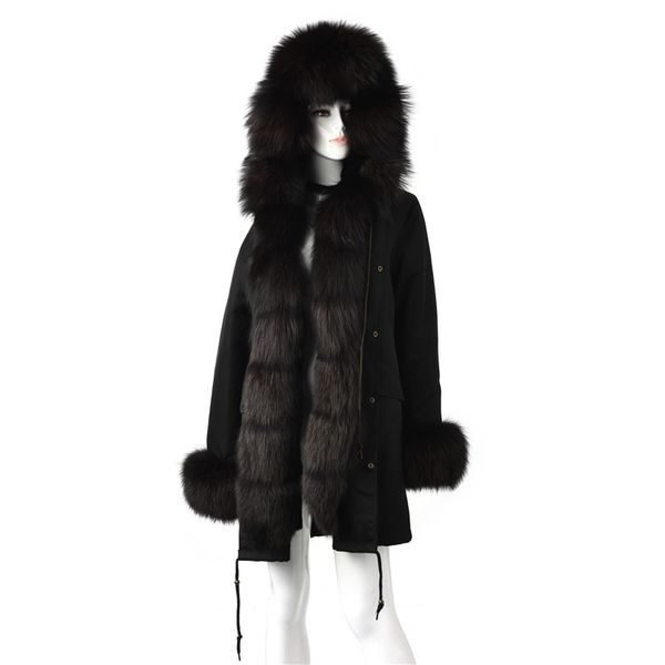 

fursarcar fashion 80 cm jacket real fur parka women luxury winter long coat with fur collar and cuff casual warm parka, Black