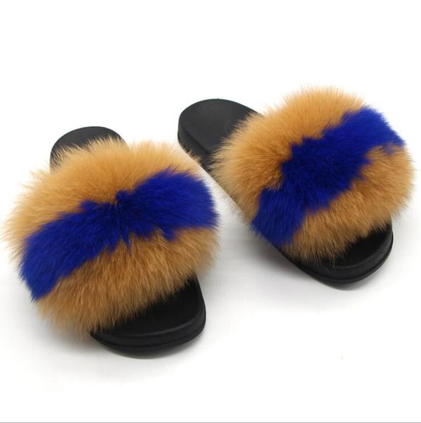 

ladies furry slippers ladies summer comfortable home flat fluffy fur slippers colorful fox fur women casual beach slippers, Black