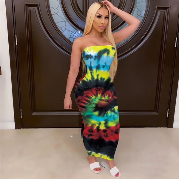 

off плеча лета женщин элегантный рукавов maxi платье tie dye печати без бретелек бинты пляж ночной клуб платья партии, Black;gray
