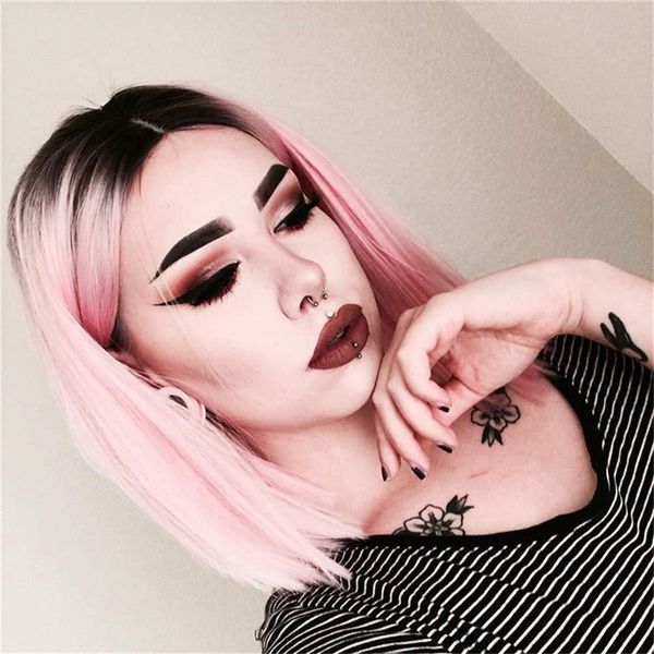 

manufacturers wholesale fake heating pin europe and the united states before the lace wig female gradient color short straight hair high tem, Black