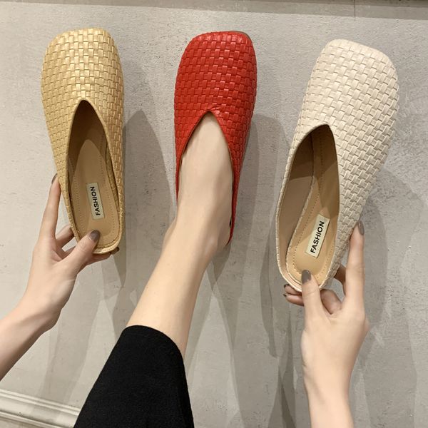 

cover toe slippers casual shoes low loafers slides luxury soft square flat fretwork rubber pu hoof heels fashion square toe, Black
