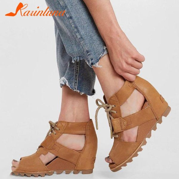 

karin 2020 large size 43 increasing heels summer sandals woman shoes peep toe lace up concise lady shoes women, Black