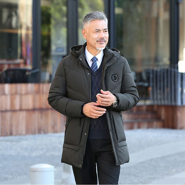 

men winter jacket coats thicken warm outwear middle length overcoat cotton-padded casual men hooded parka jacket father dad, Black
