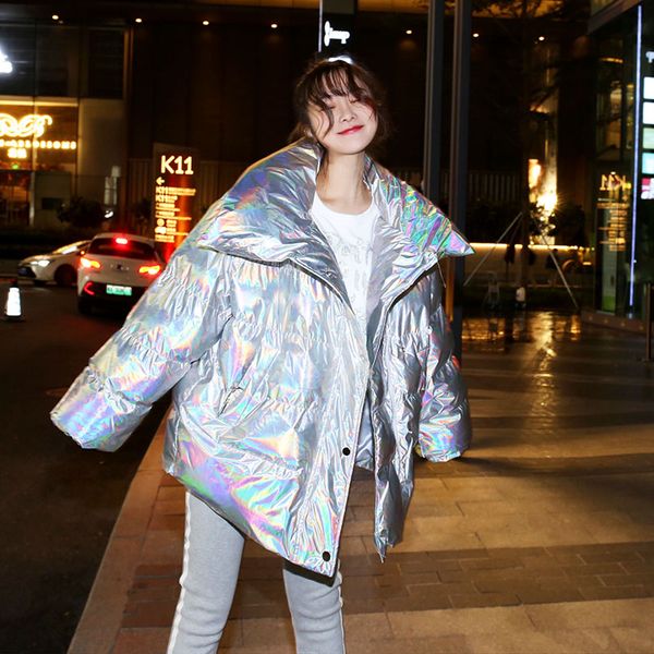 

winter thick laser sympony hologram long coat metallic glitter colorful heavy fur hooded jacket cotton blended, Black