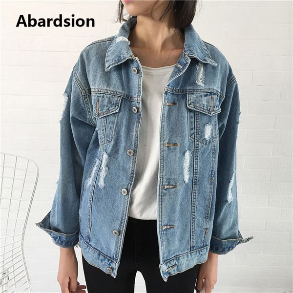 

abardsion womens autumn denim jacket coat 2019 women slim ripped holes jeans jacket femme elegant vintage bomber jackets, Black;brown