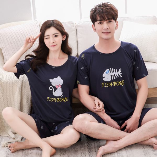 

корейский мультфильм печати пара пижамы набор 2019 лето новый с длинными рукавами пижамы костюм мужчины и женщины повседневная домашняя одеж, Blue;gray