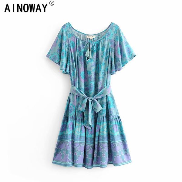 

vintage chic women green floral print short sleeve lace-up beach bohemian happie dress ladies sashes rayon boho mini dress, Black;gray