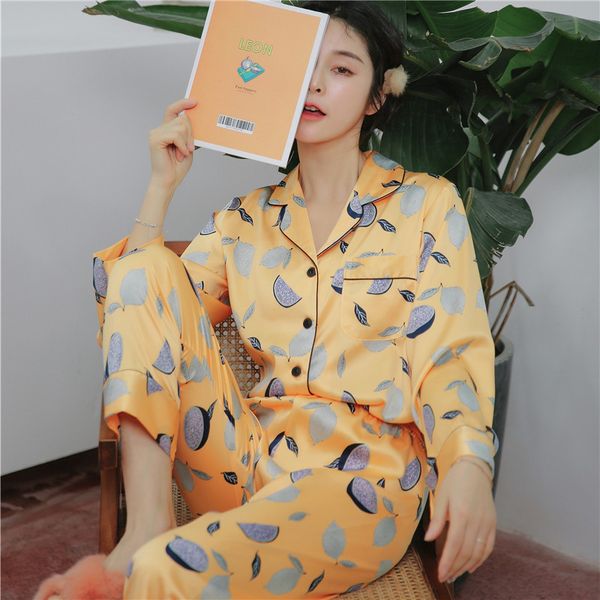 

2019 women pajamas sets with pants satin flower print homewear silk pijama sleepwear long sleeve pyjamas, Blue;gray