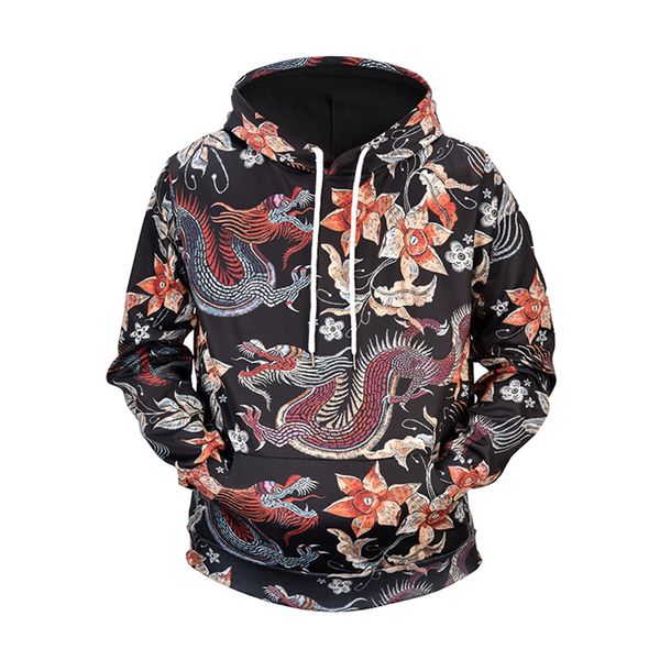 

hoodie embroidered dragon print hooded streetwear loose long sleeve men's clothing new, Black