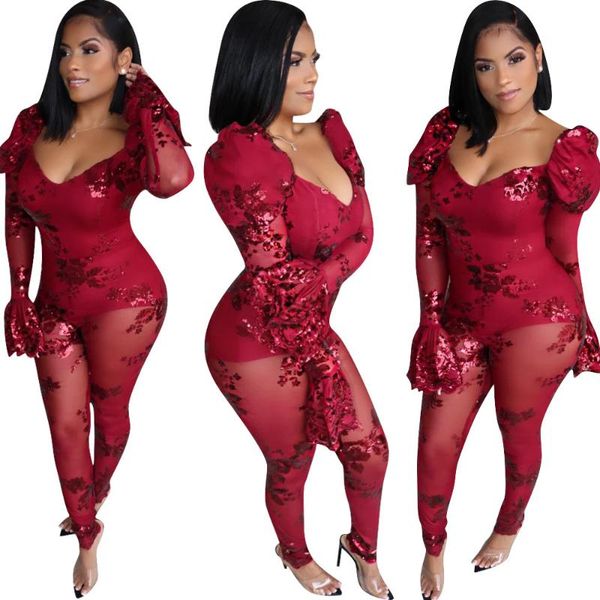 

бургундские цвета блестки аппликация sexy partyjumpsuits для женщин see through mesh оборками плечи длинные рукава v шеи ночной клуб, Black;white