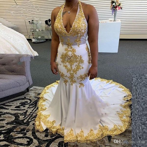 

white mermaid prom dresses with gold appliques halter neck sweep train elastic satin black girls evening party gowns vestidos