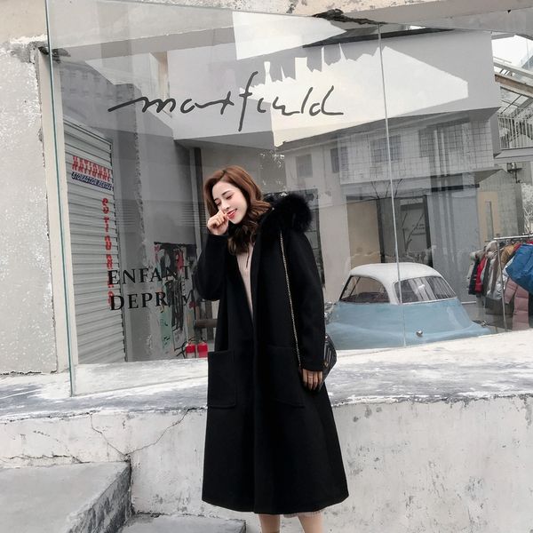 

wool coat big fur collar hooded woolen mid-length warm ladies coats 2019 new winter long sleeve fashion luxury black wool coat