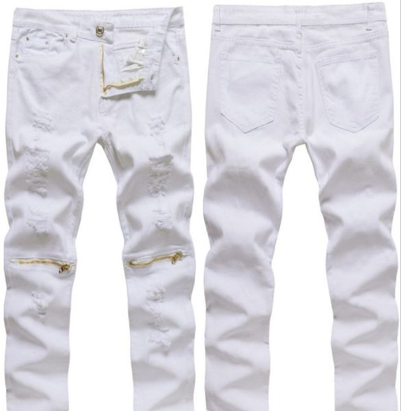 

men's casual zipper decoration hole high elastic slim fashion jeans casual style solid white male skinny trousers, Black
