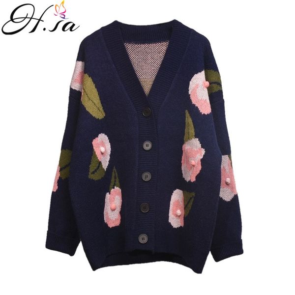 

h.sa women sweater jacket coat knit casual sweater cardigans floral print singel breasted coat 2019 loose cardigan mujer, White