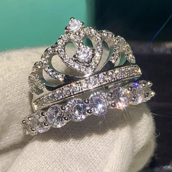 

new crown wedding couple rings fashion jewelry 925 sterling silver round cut white 5a cubic zircon promise women engagement band ring gift, Slivery;golden
