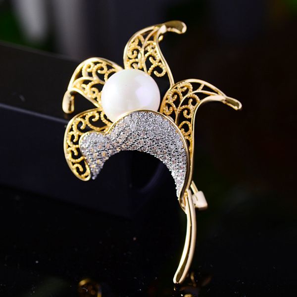 

zlxgirl classic gold pearl flower brooch wedding bridal jewelry dubai scarf pins jewelry micro paved popular couple gifts, Gray