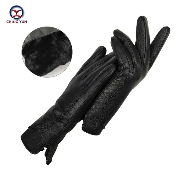 

chingyun women gloves quality soft thick gloves winter autumn ladies fashion genuine leather real hair warm u-shaped lace glove, Blue;gray