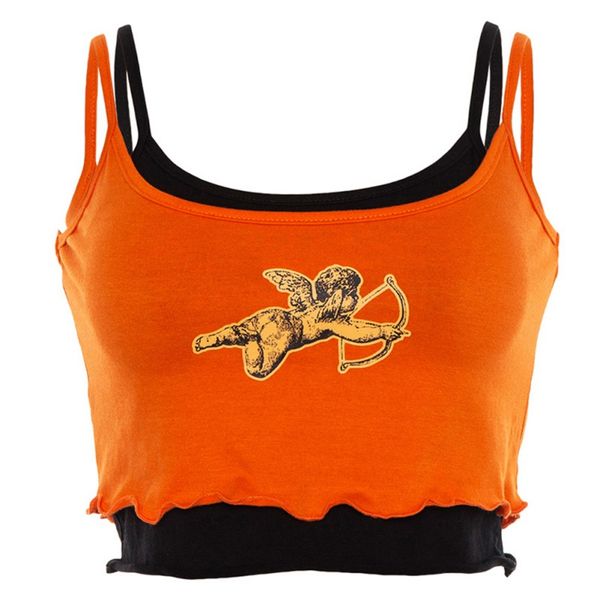 

2019 summer new camisole women fake two-piece vest stitching color cupid print short section camisole female, White