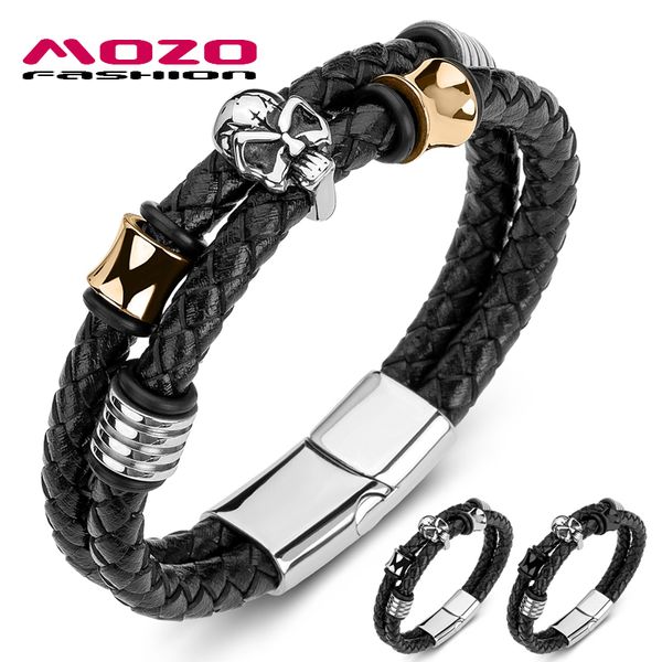 

male skeleton bracelet braided genuine leather domineering exaggeration skull punk bangle jewelry, Golden;silver