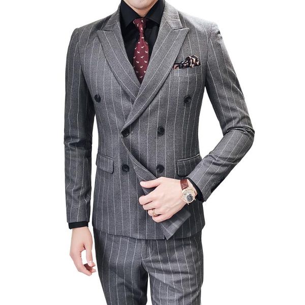 

men's suits stripe gray blazer double breasted luxury british style suits jacket custom tailor blazer for male 2 pieces, White;black