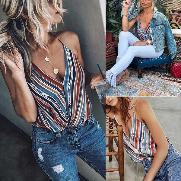 

hengsong 2020 summer new selling color contrast striped sling tanks 738059, White