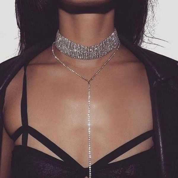 

selling rhinestone choker luxury crystal gem necklace glitter collar chocker fashion necklace long chain jewelry for party, Golden;silver