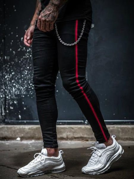 

men designer ripped black jeans casual striped red pencil pants fashion hole trousers men clothing, Blue