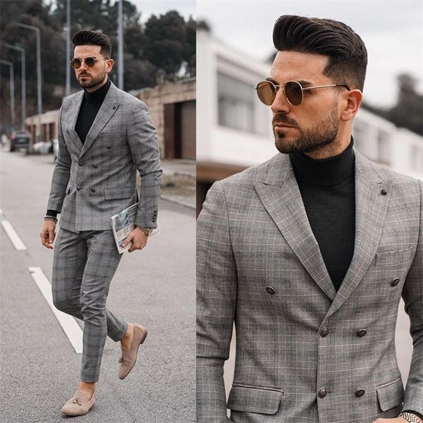 2020 Grey Plaid Homens terno ternos Blazer casamento ternos Slim Fit 2 Pieces Noivo Smoking Melhor Mens Prom (jacket + pants) Custom Made