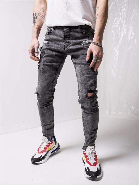 

mens demin pancil pants slim frayed hole jeans casual fashion men designer trousers high street jeans for man, Blue