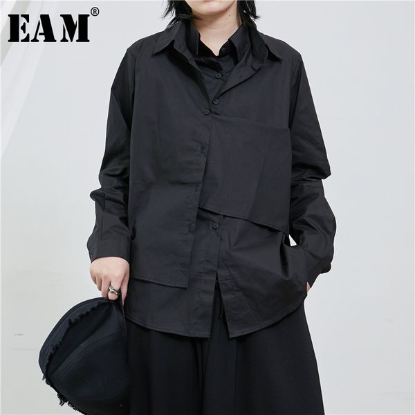 

eam] women black layer split joint temperament blouse new lapel long sleeve loose fit shirt fashion spring autumn 2020 1t236, White