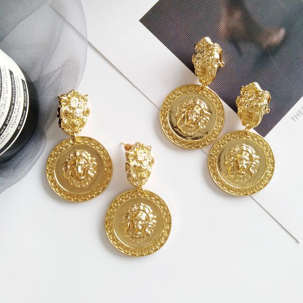 

vintage baroque earrings for women statement round gold lion head dangle earring metal earing hanging baroque india jewelry designer earring, Silver