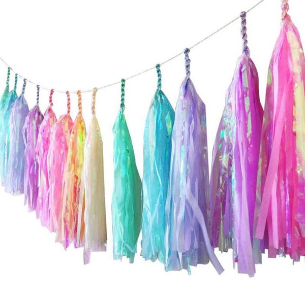 Unicórnio Candy Iridescent Tassel Garland Rainbow Banner Bunting Casamento Aniversário Chá de Bebê Festa DIY Pendurado Decoração atmosfera 18 cores