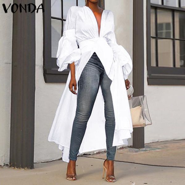 

2019 vonda women autumn long sleeve fashion long shirt blouses irregular tunic blusas femininas plus size party shirts 5xl, White