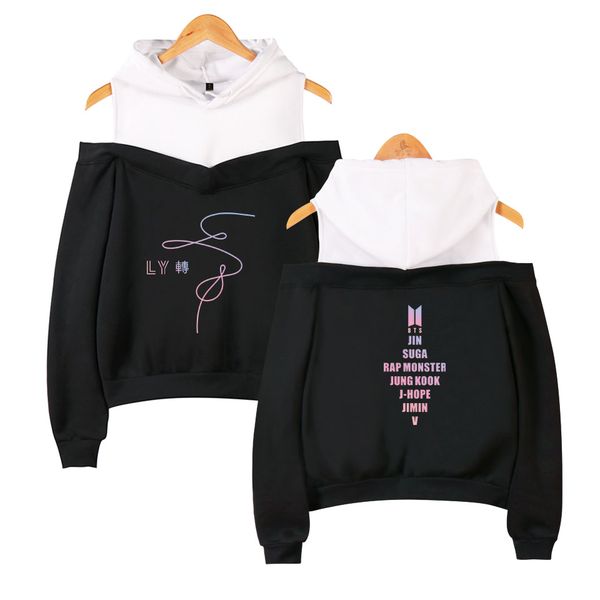 

2018 bts member name love yourself answer women's bangtan boys hooded off-shoulder hoodies sweatshirts, Black