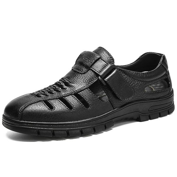 

british style men's casual big size breathable cow leather summer shoes covers toe beach sandals hollow sandalias hombre sandale, Black