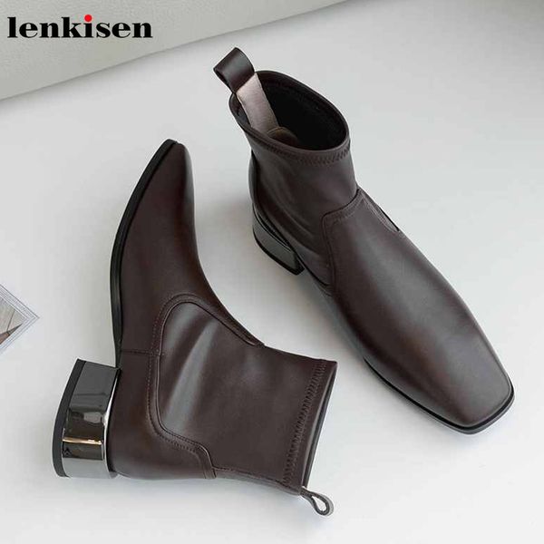 

lenkisen new boots genuine leather stretch med heels square toe metal heels concise style winter fashion ankle boots l53, Black