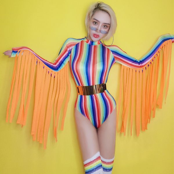

nightclub colorful striped tassel jumpsuit festival outfit rave clothes female singer dj bodysuit stage wear dn4224, Black;red