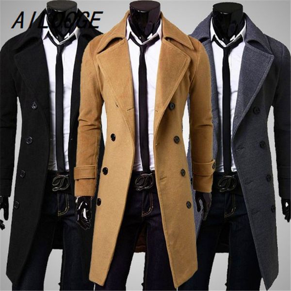 

ailooge 2018 fashion winter autumn men trench coat long slim fit overcoat jacket wind coats fashion outerwear, Black